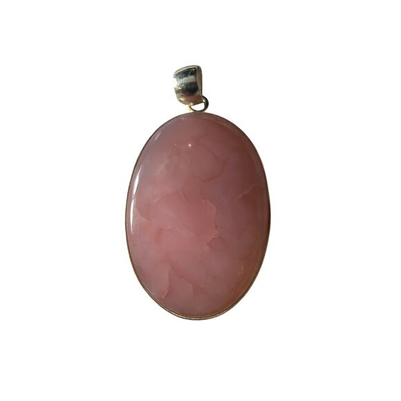 925 Sterling Silver Pink Gemstone Oval Pendant – Soft Blush Crackle Pattern - Picture 1 of 3